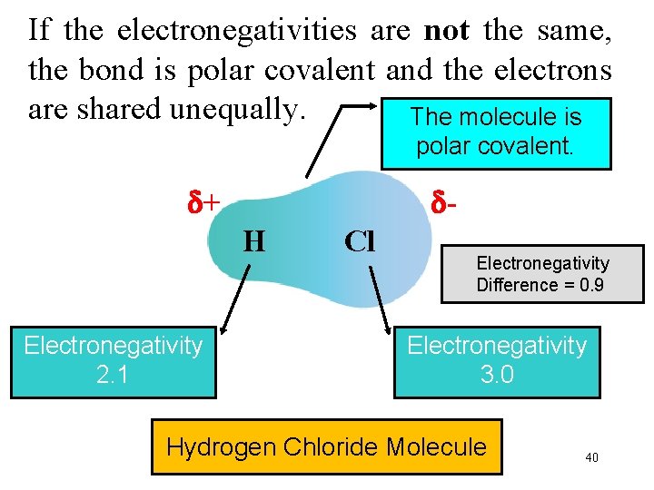 If the electronegativities are not the same, the bond is polar covalent and the