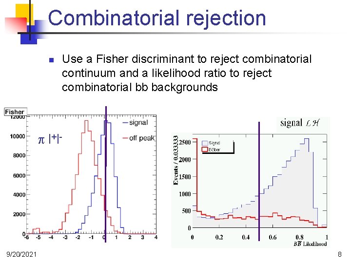 Combinatorial rejection n Use a Fisher discriminant to reject combinatorial continuum and a likelihood