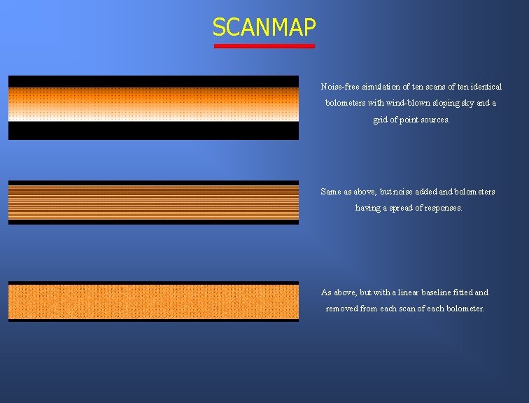 SCANMAP Noise-free simulation of ten scans of ten identical bolometers with wind-blown sloping sky