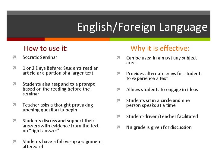 English/Foreign Language How to use it: Why it is effective: Socratic Seminar 1 or