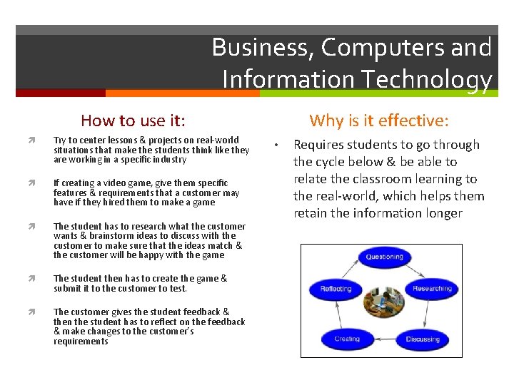 Business, Computers and Information Technology How to use it: Try to center lessons &