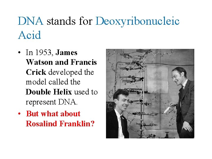 DNA stands for Deoxyribonucleic Acid • In 1953, James Watson and Francis Crick developed