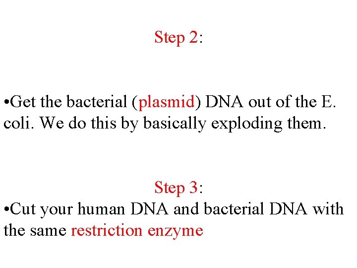 Step 2: • Get the bacterial (plasmid) DNA out of the E. coli. We