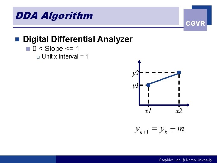 DDA Algorithm n CGVR Digital Differential Analyzer n 0 < Slope <= 1 o