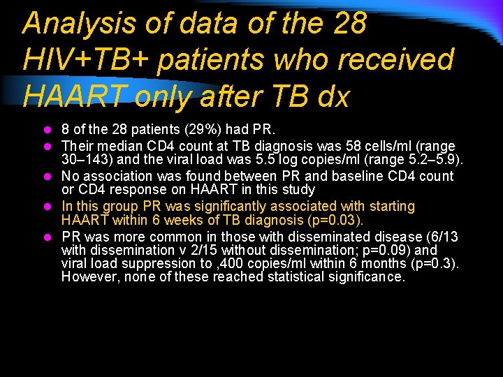 Analysis of data of the 28 HIV+TB+ patients who received HAART only after TB