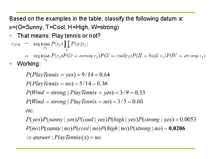 Based on the examples in the table, classify the following datum x: x=(O=Sunny, T=Cool,