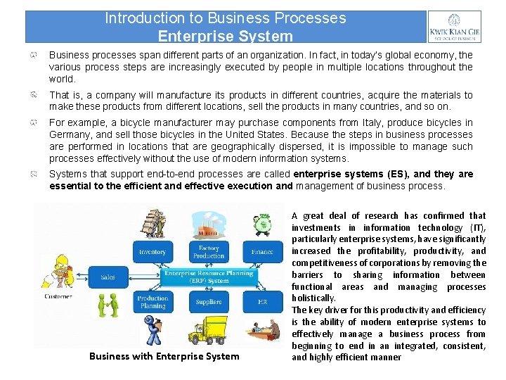 Introduction to Business Processes Enterprise System Business processes span different parts of an organization.