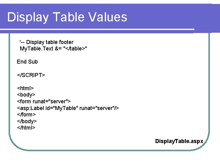 Display Table Values '-- Display table footer My. Table. Text &= "</table>" End Sub