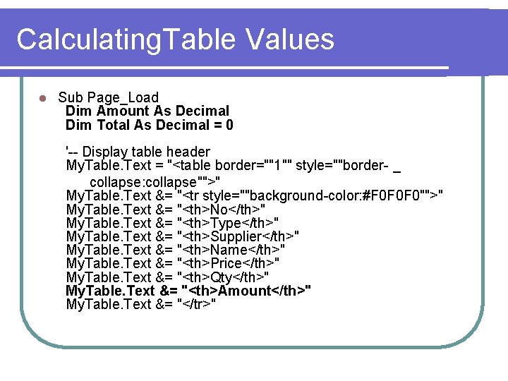 Calculating. Table Values l Sub Page_Load Dim Amount As Decimal Dim Total As Decimal