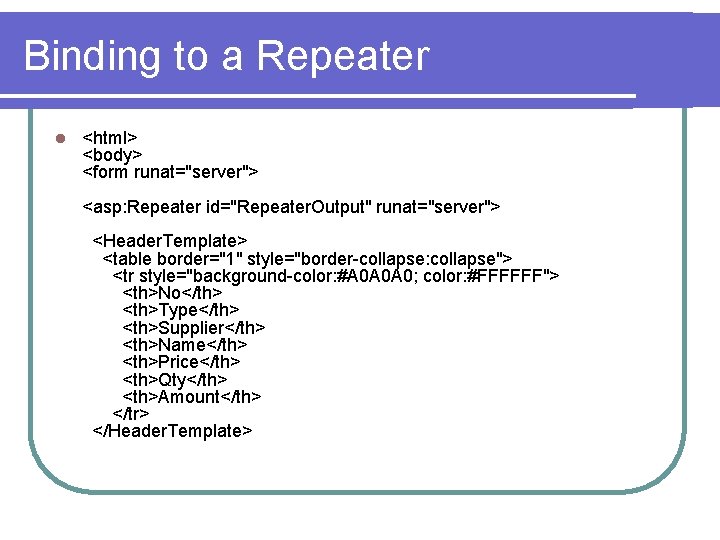 Binding to a Repeater l <html> <body> <form runat="server"> <asp: Repeater id="Repeater. Output" runat="server">