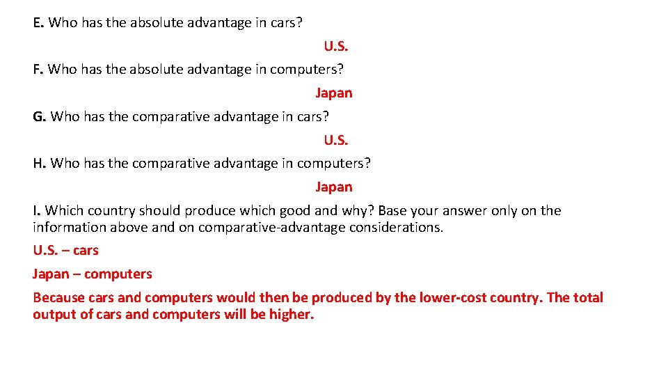 E. Who has the absolute advantage in cars? U. S. F. Who has the