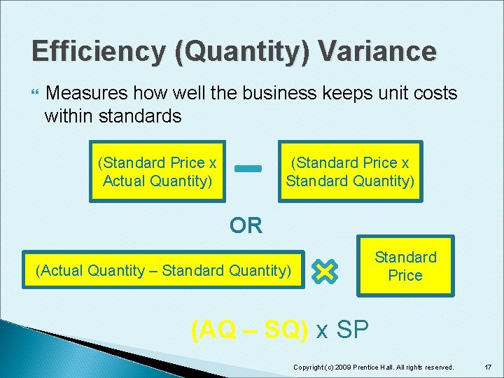 Efficiency (Quantity) Variance Measures how well the business keeps unit costs within standards (Standard