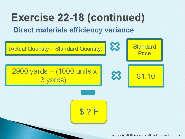 Exercise 22 -18 (continued) Direct materials efficiency variance (Actual Quantity – Standard Quantity) Standard