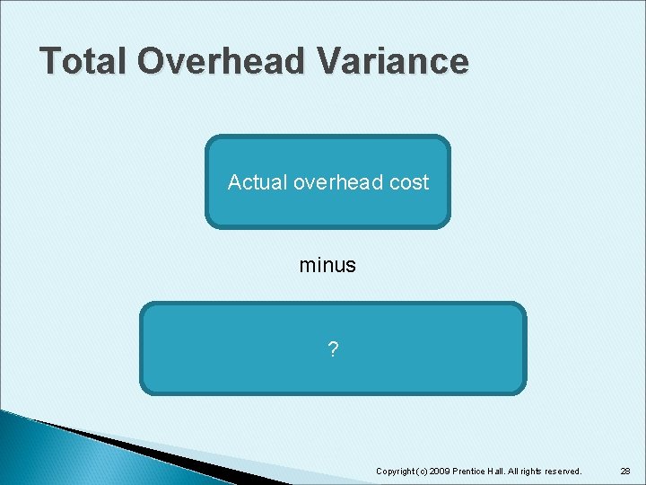 Total Overhead Variance Actual overhead cost minus ? Copyright (c) 2009 Prentice Hall. All