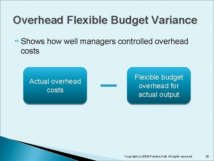 Overhead Flexible Budget Variance Shows how well managers controlled overhead costs Actual overhead costs