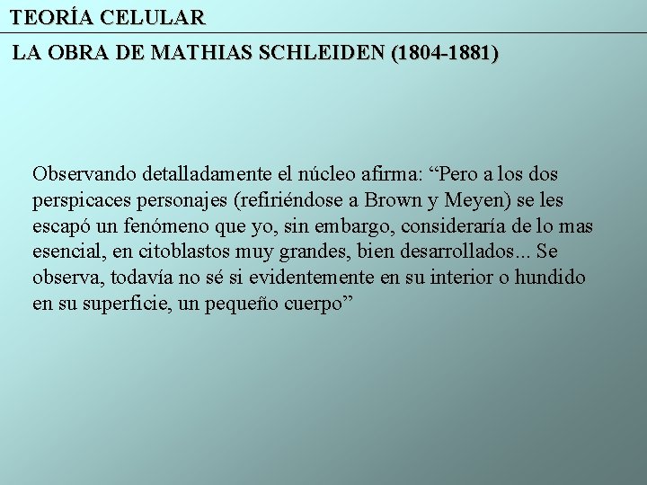 TEORÍA CELULAR LA OBRA DE MATHIAS SCHLEIDEN (1804 -1881) Observando detalladamente el núcleo afirma: