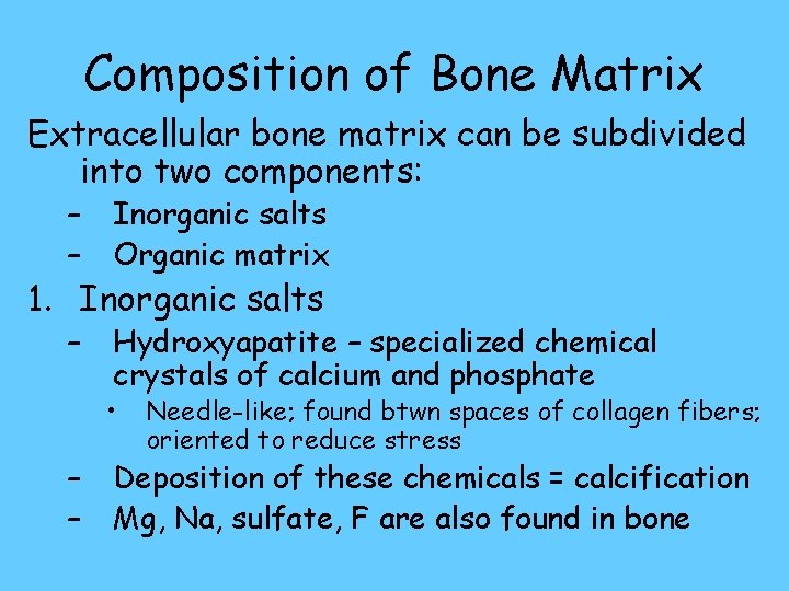 Composition of Bone Matrix Extracellular bone matrix can be subdivided into two components: –