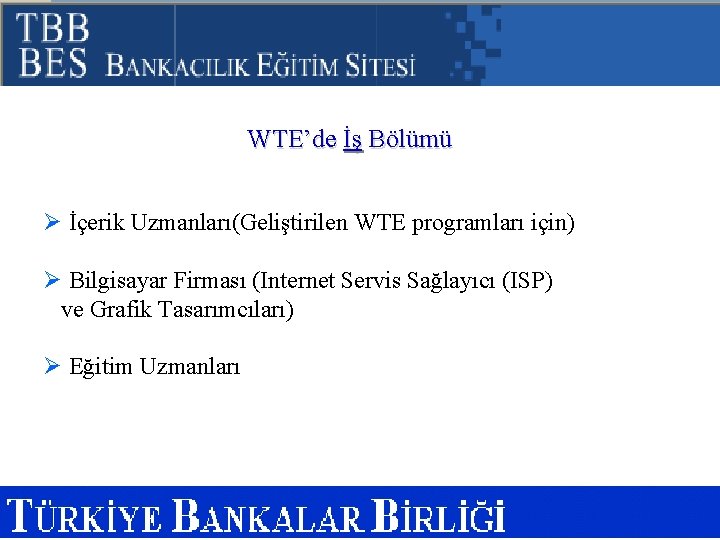 WTE’de İş Bölümü Ø İçerik Uzmanları(Geliştirilen WTE programları için) Ø Bilgisayar Firması (Internet Servis