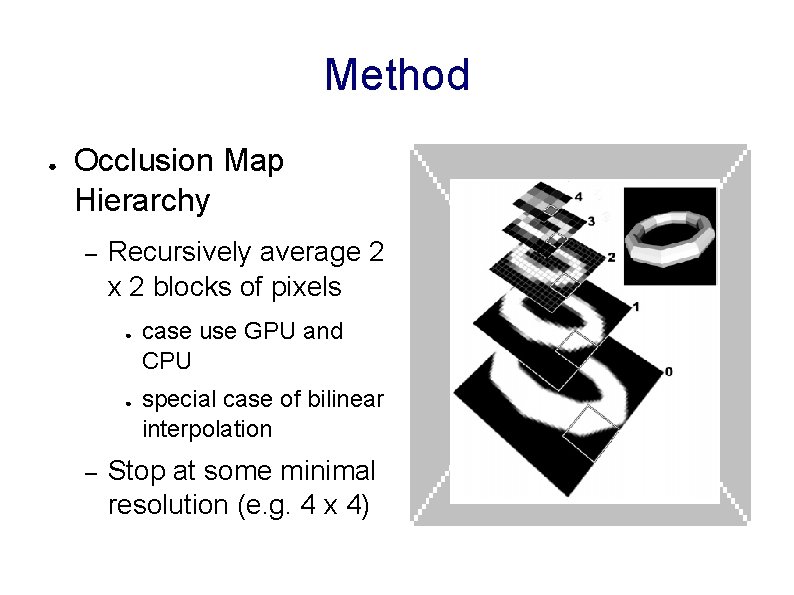 Method ● Occlusion Map Hierarchy – Recursively average 2 x 2 blocks of pixels