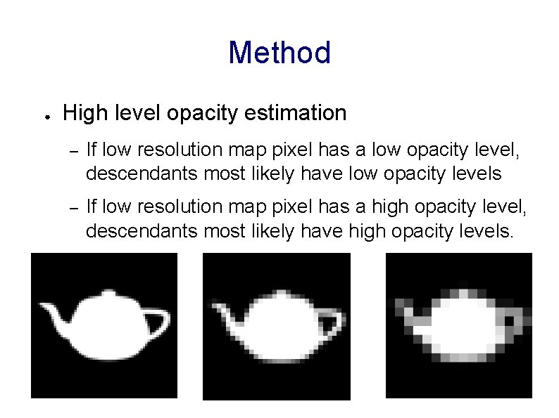 Method ● High level opacity estimation – If low resolution map pixel has a