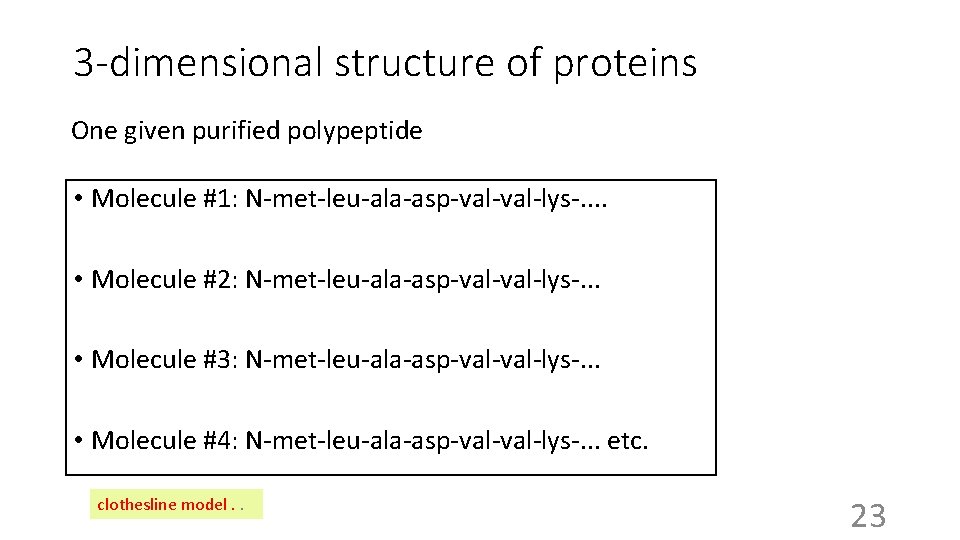3 -dimensional structure of proteins One given purified polypeptide • Molecule #1: N-met-leu-ala-asp-val-lys-. .
