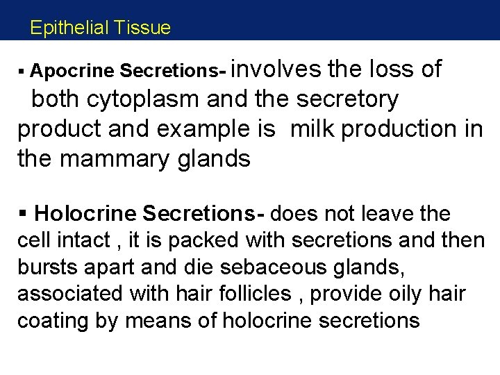 Epithelial Tissue involves the loss of both cytoplasm and the secretory product and example