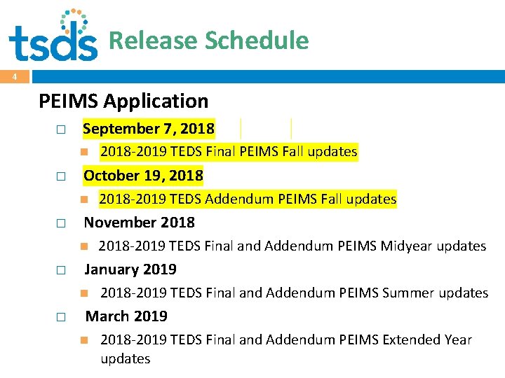 Release Schedule 4 PEIMS Application � September 7, 2018 � October 19, 2018 �