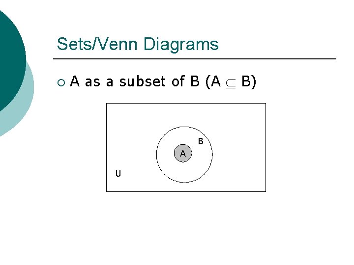 Sets/Venn Diagrams ¡ A as a subset of B (A B) B A U