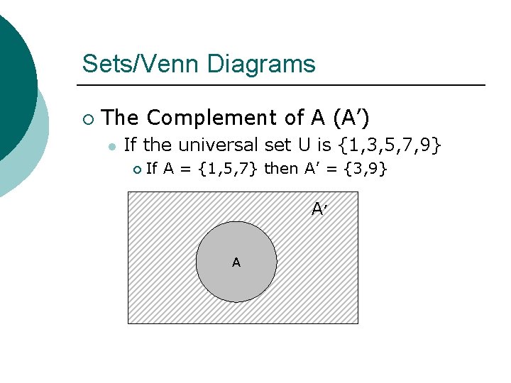 Sets/Venn Diagrams ¡ The Complement of A (A’) l If the universal set U