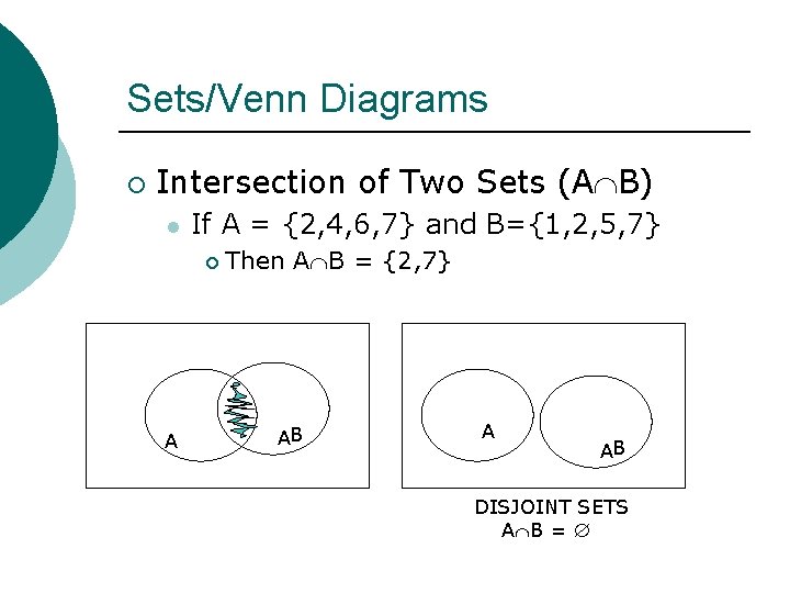 Sets/Venn Diagrams ¡ Intersection of Two Sets (A B) l If A = {2,