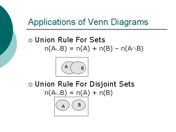 Applications of Venn Diagrams ¡ Union Rule For Sets n(A B) = n(A) +