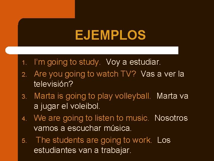 EJEMPLOS 1. 2. 3. 4. 5. I’m going to study. Voy a estudiar. Are EJEMPLOS 1. 2. 3. 4. 5. I’m going to study. Voy a estudiar. Are