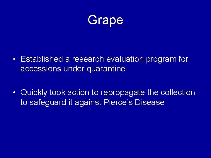 Grape • Established a research evaluation program for accessions under quarantine • Quickly took