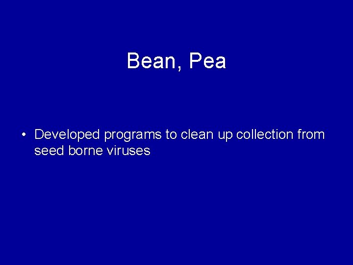 Bean, Pea • Developed programs to clean up collection from seed borne viruses 