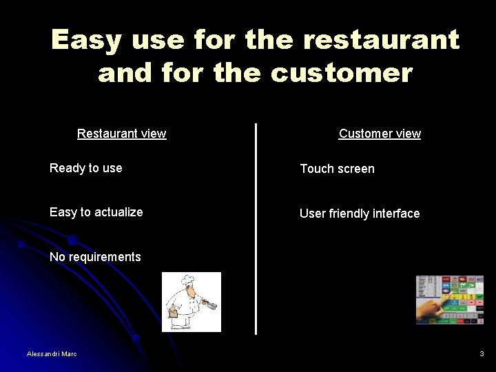 Easy use for the restaurant and for the customer Restaurant view Customer view Ready Easy use for the restaurant and for the customer Restaurant view Customer view Ready