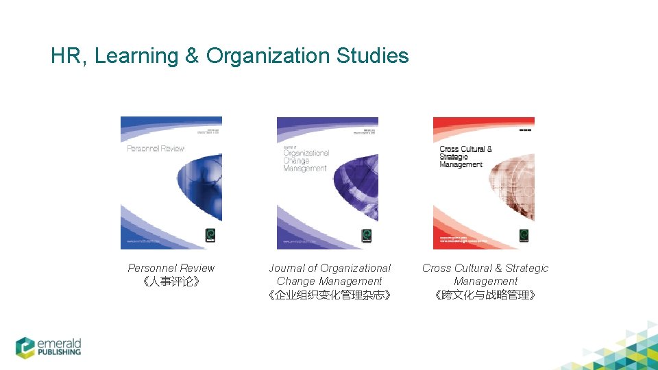 HR, Learning & Organization Studies Personnel Review 《人事评论》 Journal of Organizational Change Management 《企业组织变化管理杂志》