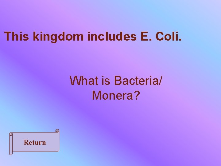 This kingdom includes E. Coli. What is Bacteria/ Monera? Return 