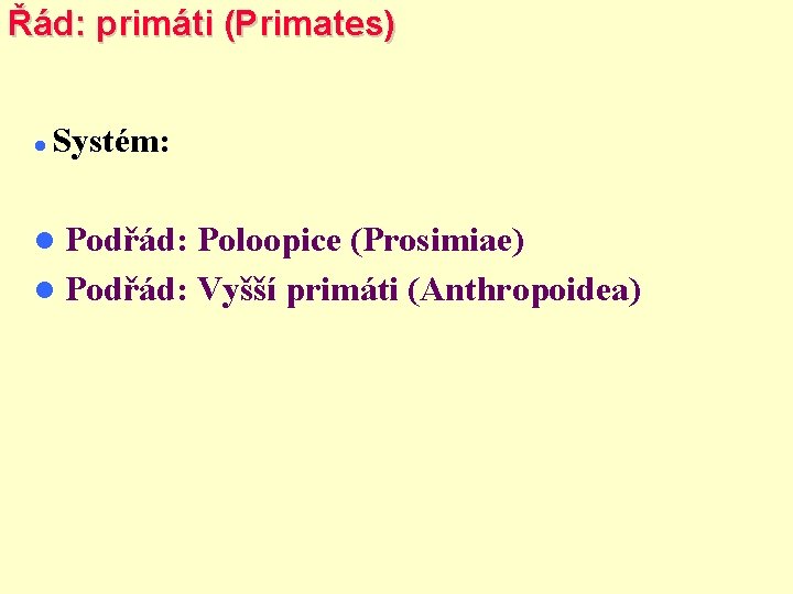 Řád: primáti (Primates) Systém: Podřád: Poloopice (Prosimiae) Podřád: Vyšší primáti (Anthropoidea) 