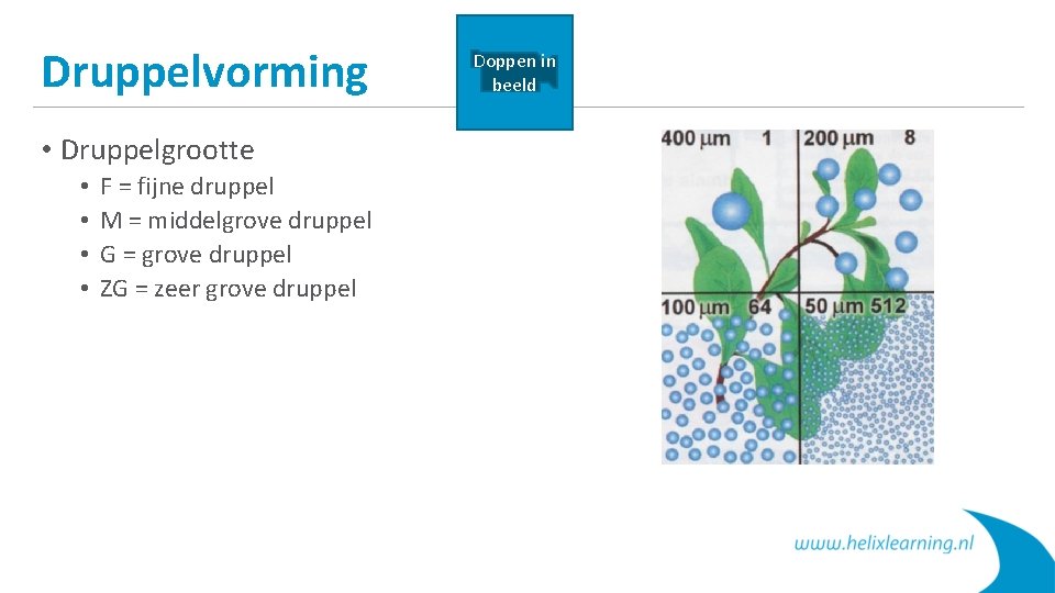 Druppelvorming • Druppelgrootte • • F = fijne druppel M = middelgrove druppel G