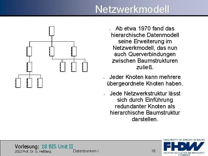 Netzwerkmodell • • • Vorlesung: 18 BIS Unit II 2012 Prof. Dr. G. Hellberg