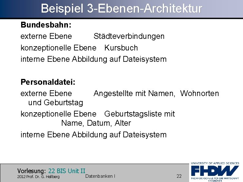Beispiel 3 -Ebenen-Architektur Bundesbahn: externe Ebene Städteverbindungen konzeptionelle Ebene Kursbuch interne Ebene Abbildung auf