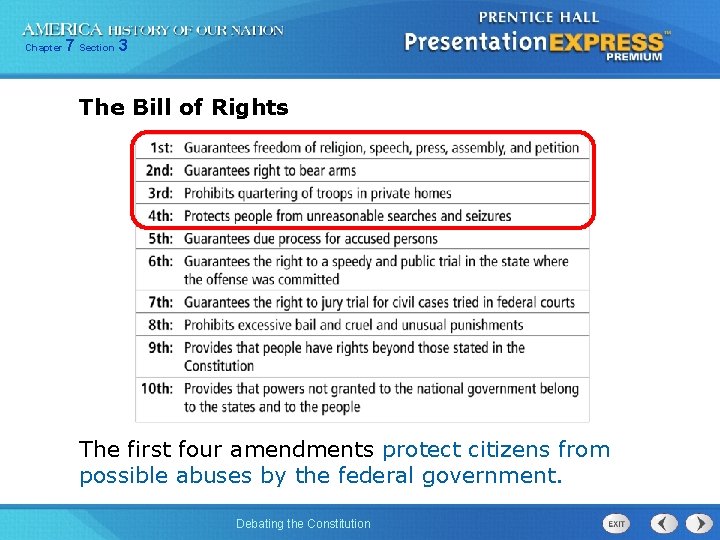 Chapter 7 Section 3 The Bill of Rights The first four amendments protect citizens