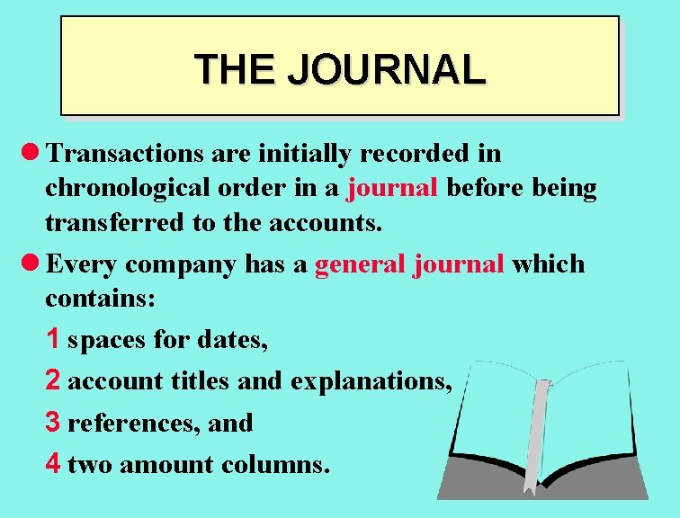 THE JOURNAL l Transactions are initially recorded in chronological order in a journal before