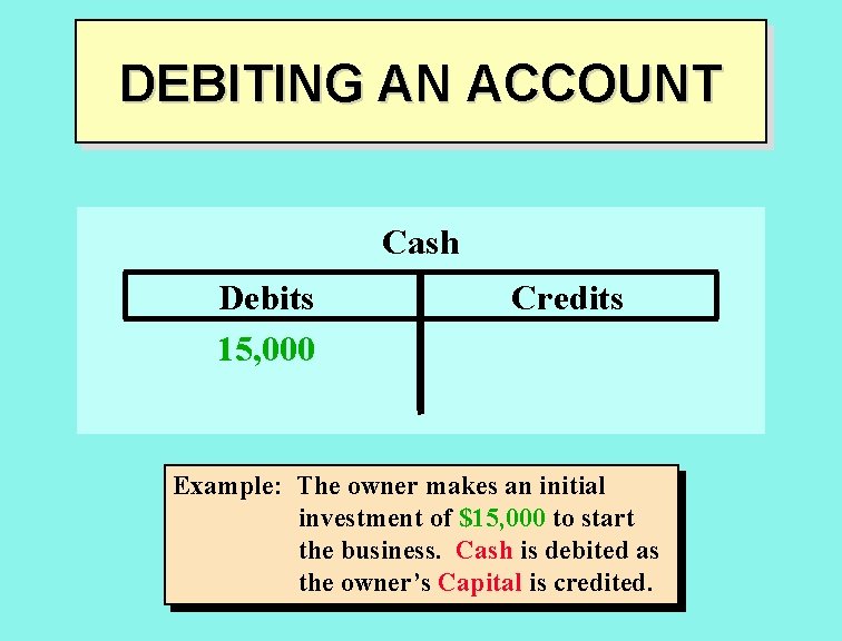 DEBITING AN ACCOUNT Cash Debits 15, 000 Credits Example: The owner makes an initial
