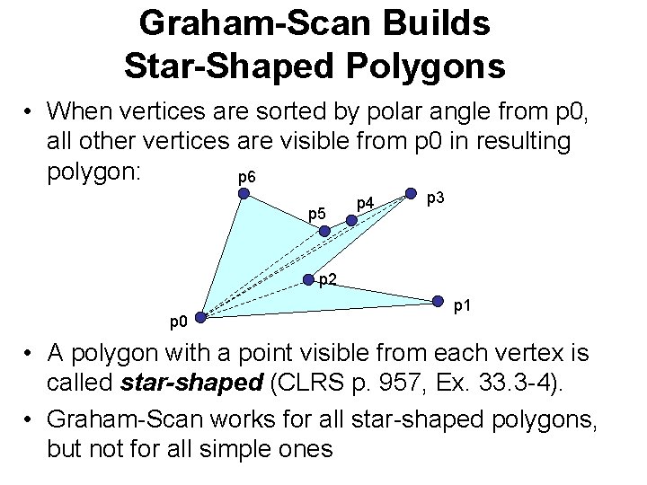 Graham-Scan Builds Star-Shaped Polygons • When vertices are sorted by polar angle from p