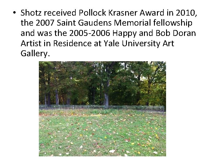  • Shotz received Pollock Krasner Award in 2010, the 2007 Saint Gaudens Memorial