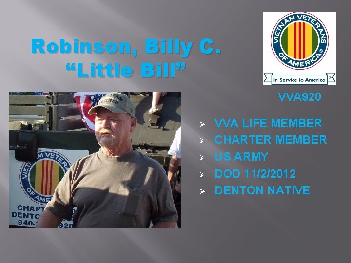 Robinson, Billy C. “Little Bill” VVA 920 Ø Ø Ø VVA LIFE MEMBER CHARTER