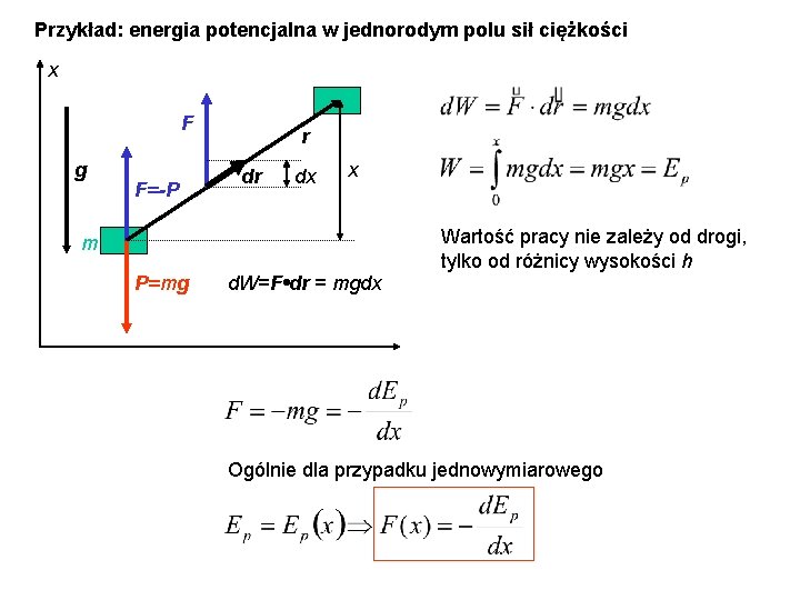 Przykład: energia potencjalna w jednorodym polu sił ciężkości x F g F=-P r dr