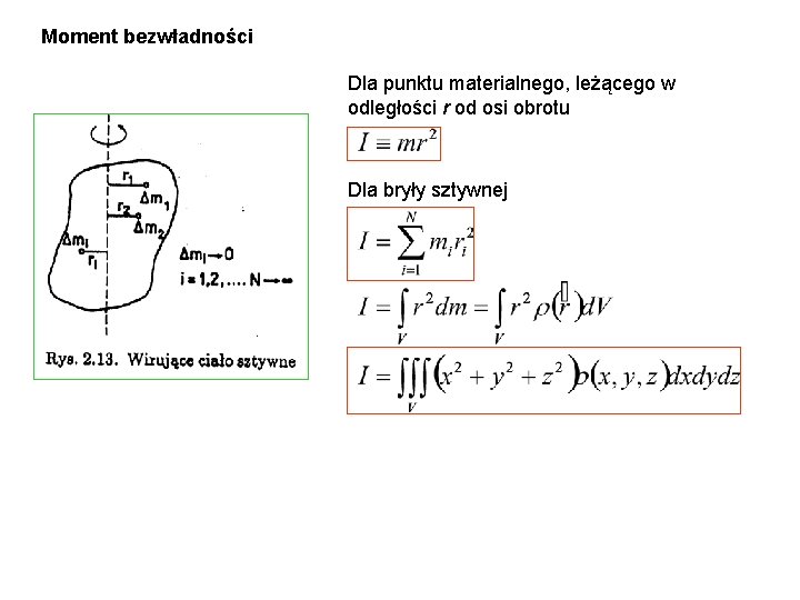 Moment bezwładności Dla punktu materialnego, leżącego w odległości r od osi obrotu Dla bryły