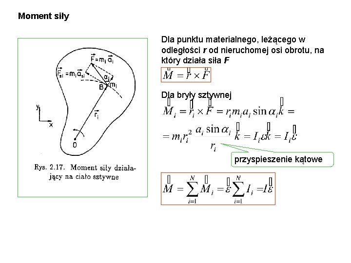 Moment siły Dla punktu materialnego, leżącego w odległości r od nieruchomej osi obrotu, na